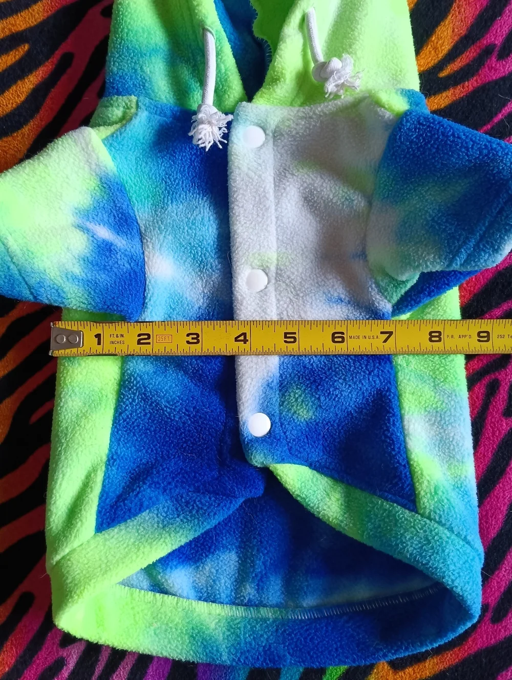 💙💚 Tie Dye Neon Dog Hoodie Sweater Button Up Faux Fleece Small Blue Green